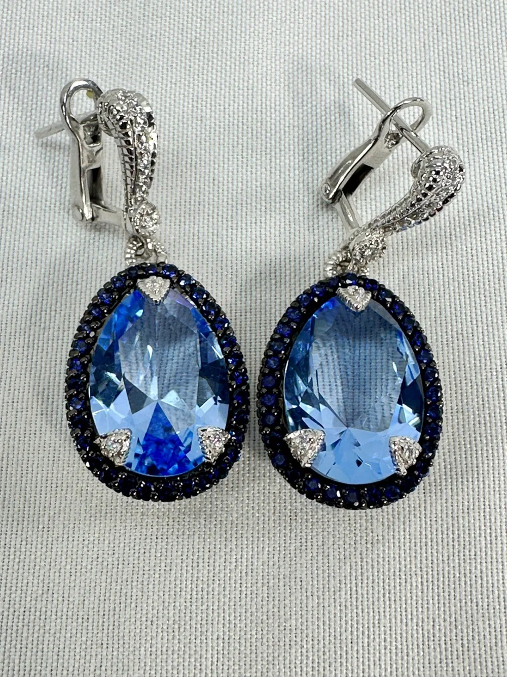 New Judith Ripka Capri Sterling Silver Pear Blue Crystal Lever Back CZ Earrings